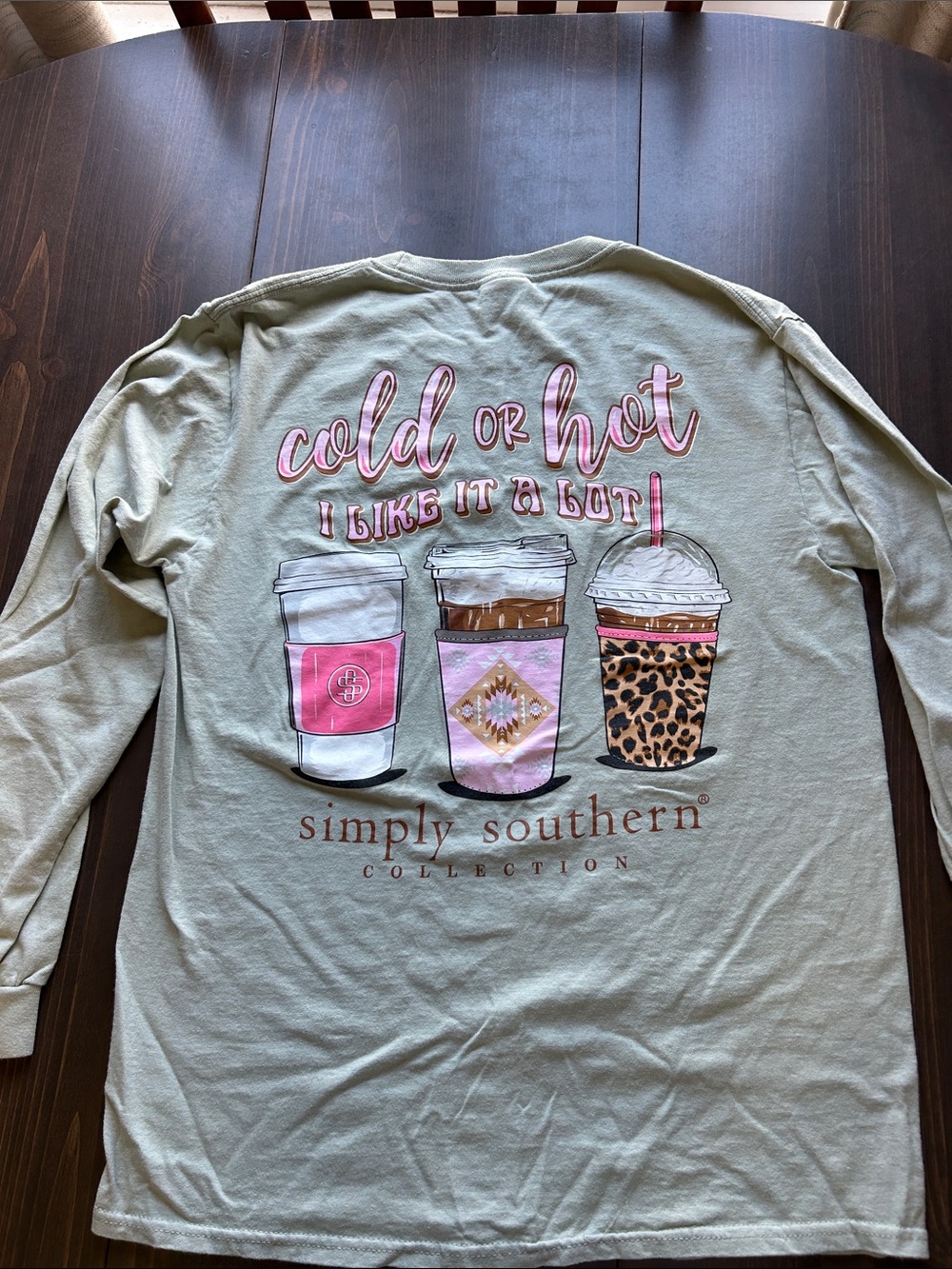 Simply Southern Sage Long Sleeve Tee with Pink & Leopard Coffee Graphic size M